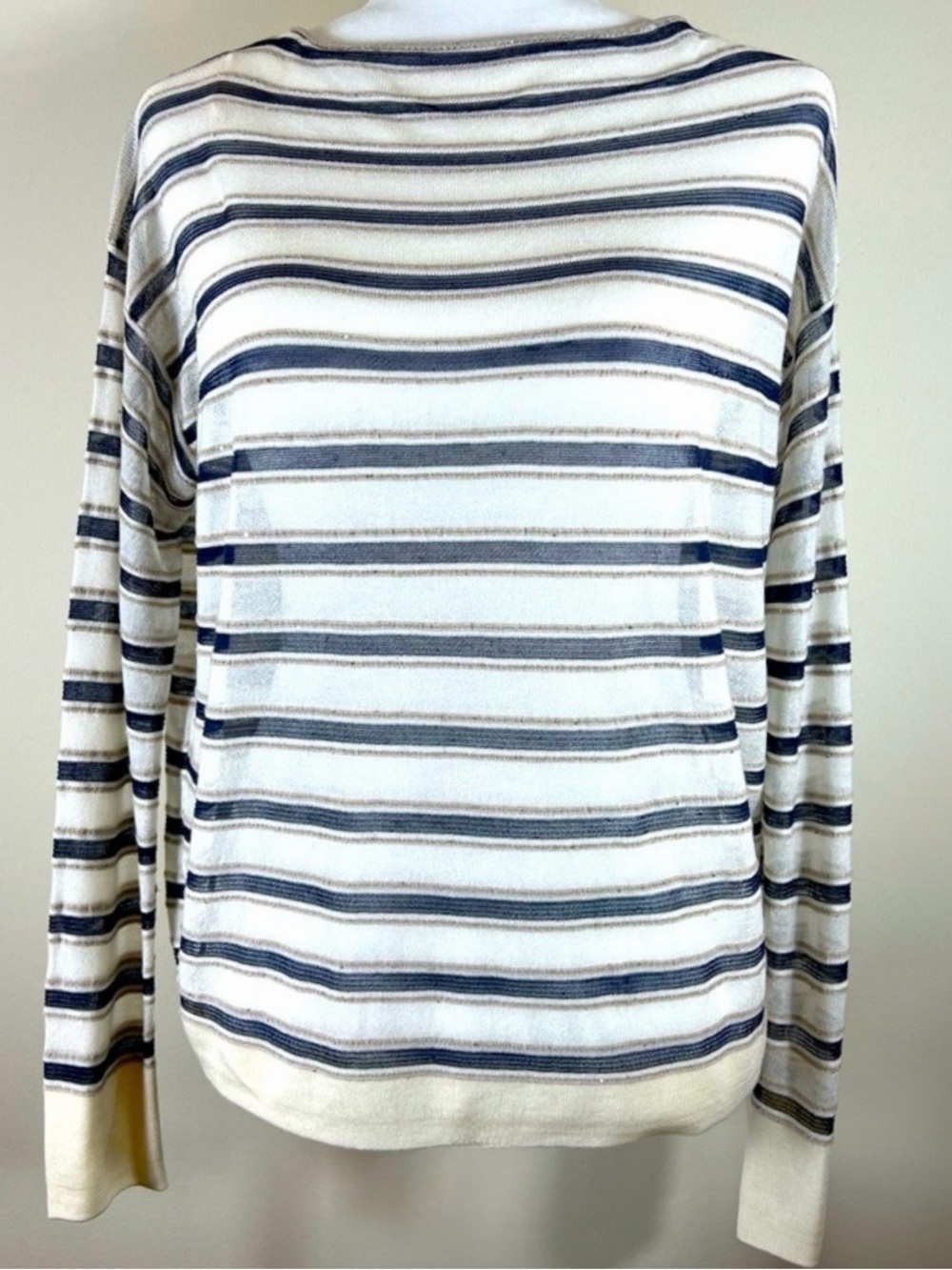 Lafayette 148 Cream Striped Silk Sheer Striped Sweater, NWT